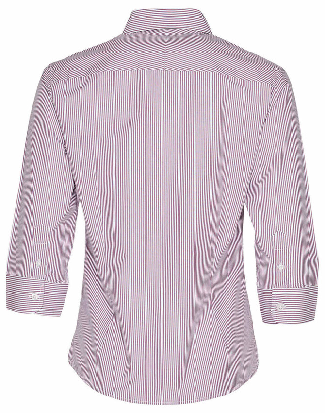 A women's button-up shirt featuring red and white stripes with 3/4 sleeves and a collar, displaying a plain back view.