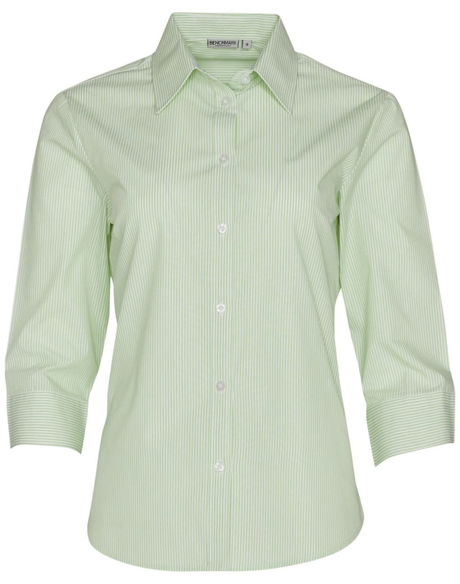 A green striped 3/4 sleeve button-up shirt featuring a collar and a logo on the label.