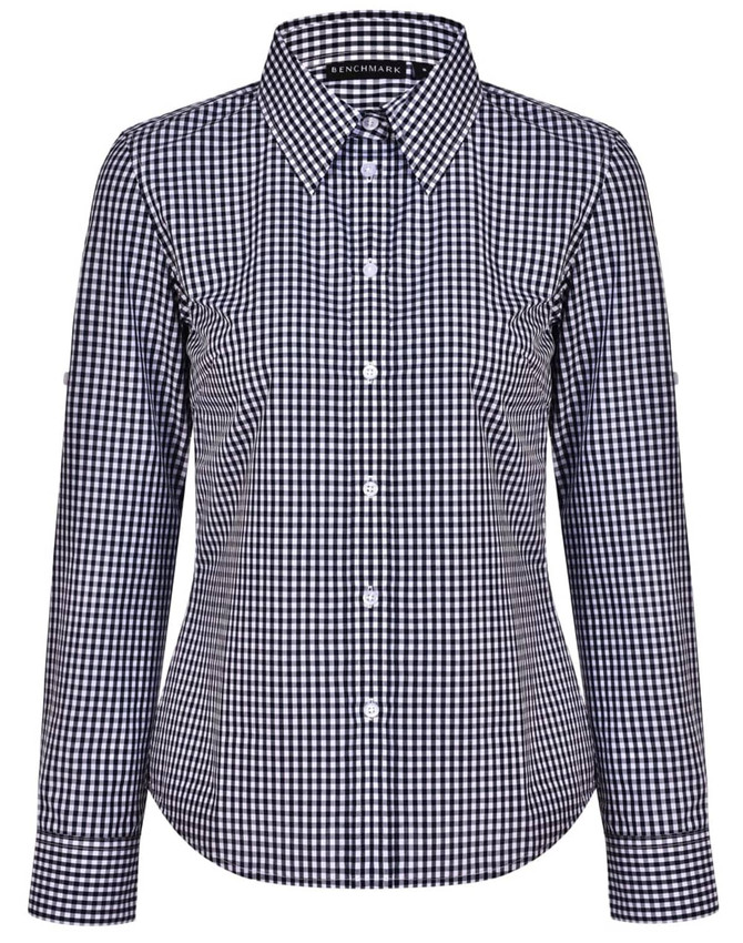 A women's button-up shirt featuring a navy and white gingham check pattern, with roll-up long sleeves and a collar.