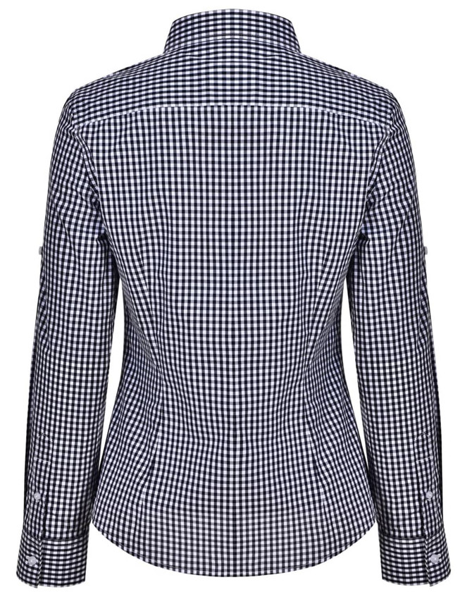 A women's long-sleeve button-up shirt in navy and white gingham check pattern, featuring a roll-up sleeve design and a logo.