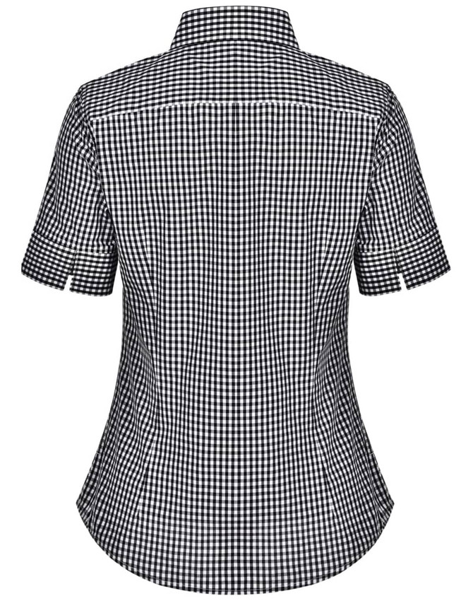 A black and white gingham check short-sleeve button-up shirt with a fitted design and a logo on the back.