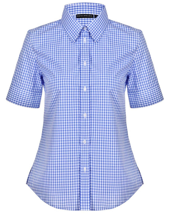 A blue and white gingham check short-sleeve button-up shirt with a collar. Features a logo on the label.