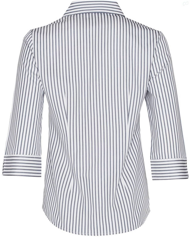 A white and navy striped women's 3/4 sleeve button-up shirt with a collar. Features a logo on the label.