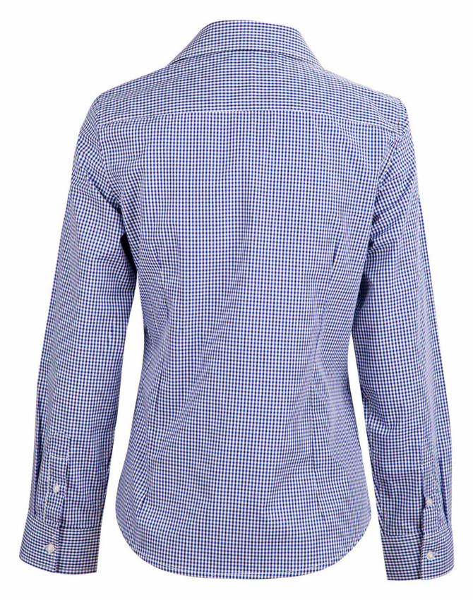 A ladies' long-sleeve button-up shirt in blue and white check pattern with a collar and a logo.