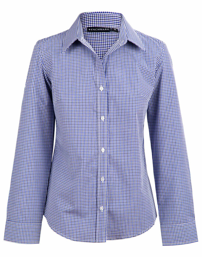 A blue and white two-tone check long-sleeve button-up shirt with a collar and a logo on the label.