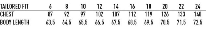 A size chart for a tailored fit shirt, detailing chest measurements and body lengths in various sizes.