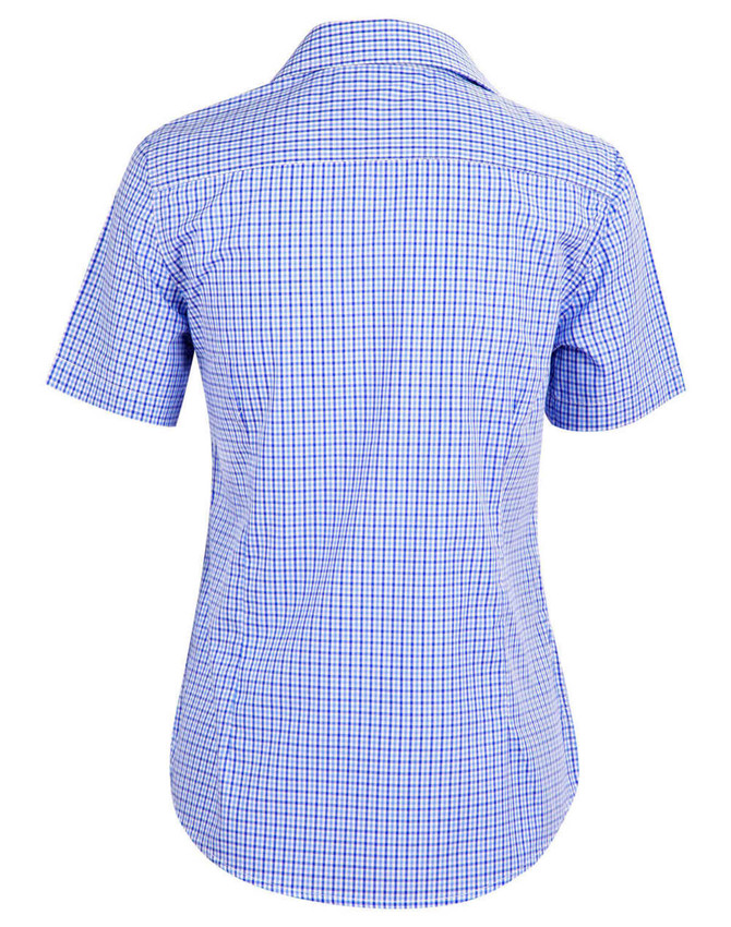 A short-sleeve women's button-up shirt featuring a blue and white check pattern, with a logo on the back.