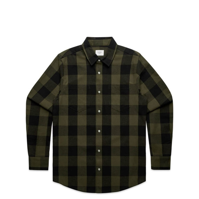 A button-up shirt in dark green and black check pattern, featuring a collar and front pockets. It has a logo on the label.