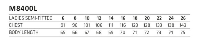 A size chart for the Ladies' Pin Dot Stretch Long Sleeve Shirt, displaying chest measurements and body length for various sizes.