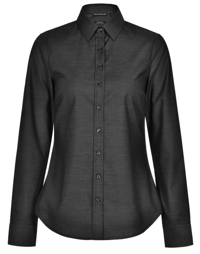 A black pin dot stretch long sleeve shirt with a button-up front and a collar. It features a logo on the label.