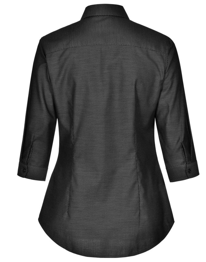 A black ladies' button-up shirt with a pin dot pattern and 3/4 sleeves, featuring a curved hem and a back yoke.