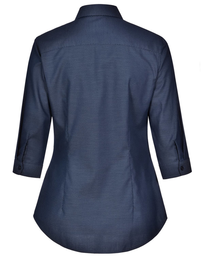 A navy blue ladies' button-up shirt with a pin dot pattern and 3/4 sleeves, featuring a collar and back yoke.