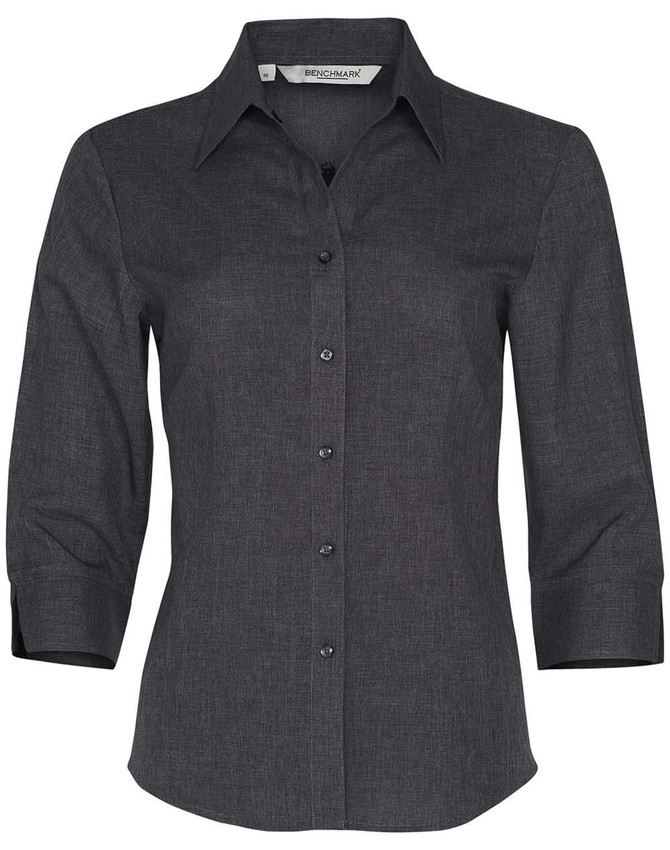 A dark grey women's 3/4 sleeve shirt with a collared neck and button front, featuring a logo on the label.