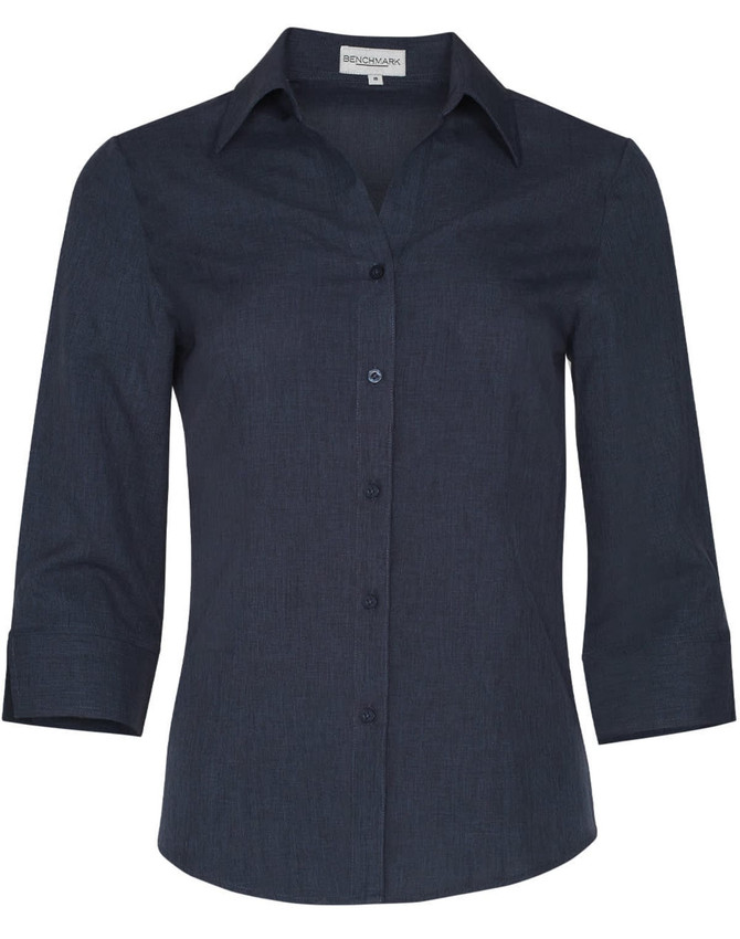 A dark navy women's 3/4 sleeve shirt with a collared neck and button front, featuring a logo on the label.