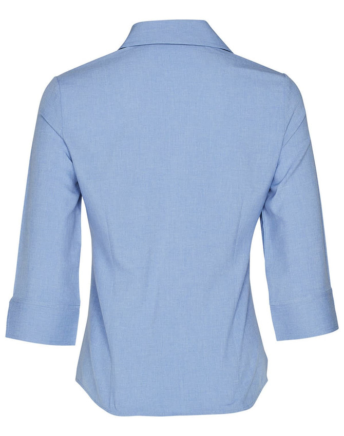 A light blue women's 3/4 sleeve shirt featuring a collared neckline and a back view design. It has a logo.