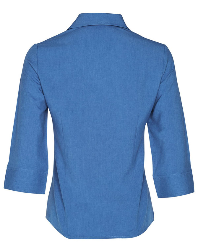 A blue women's Cooldry 3/4 sleeve shirt featuring a collar and rolled cuffs, with a logo on the back.