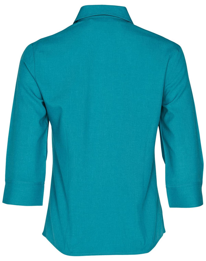 A turquoise women's 3/4 sleeve shirt with a collar, featuring a back view and a logo.