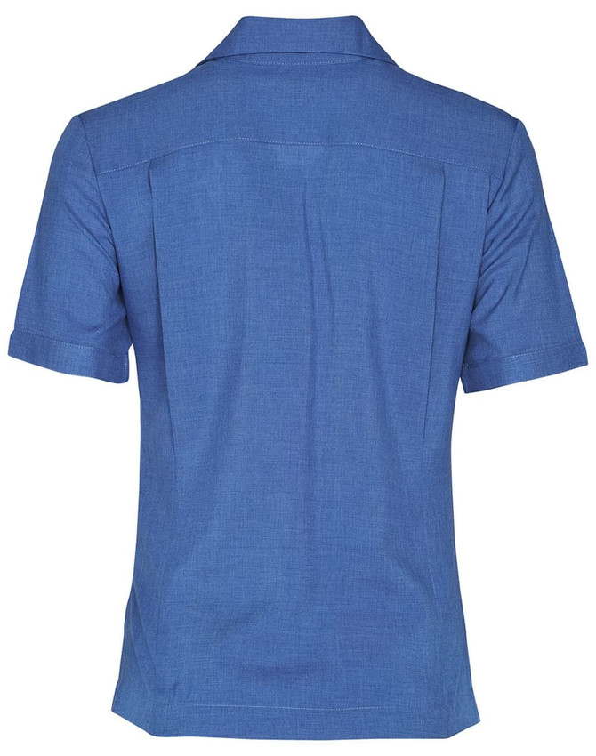 A blue short sleeve overblouse with a collar and a logo on the back. Suitable for uniforms or tunics.