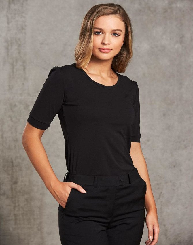 A black Women's Scoop Neck T-Top with short sleeves, featuring a fitted design and subtle puffed sleeves.