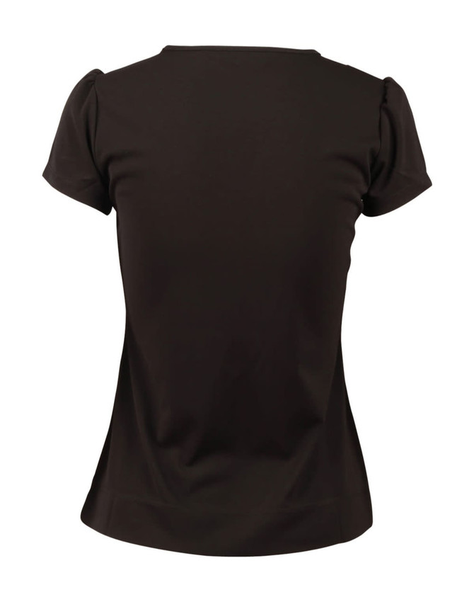 A black women's blouse with ruffle front detail and short sleeves, featuring a fitted silhouette from the back.