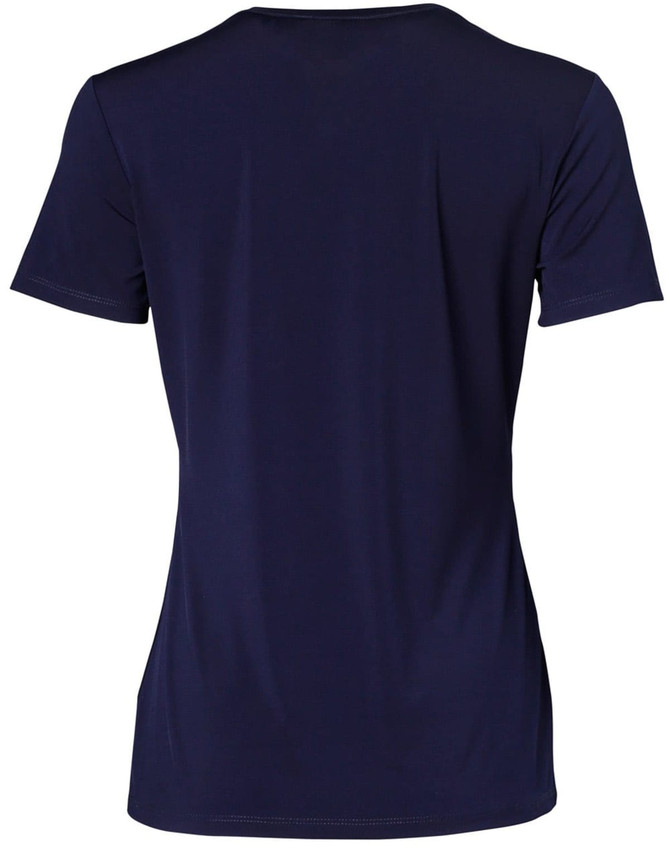 A navy blue ladies' V-neck short sleeve knit top with a smooth finish and a logo.