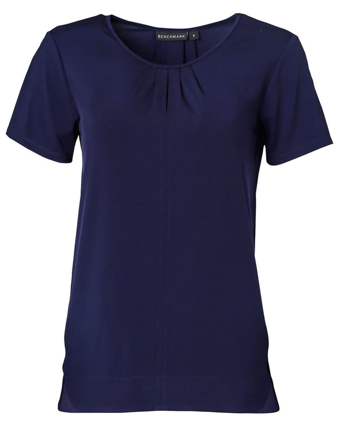 A navy ladies' round neck knit top featuring pleats and short sleeves, with a logo on the neckline.