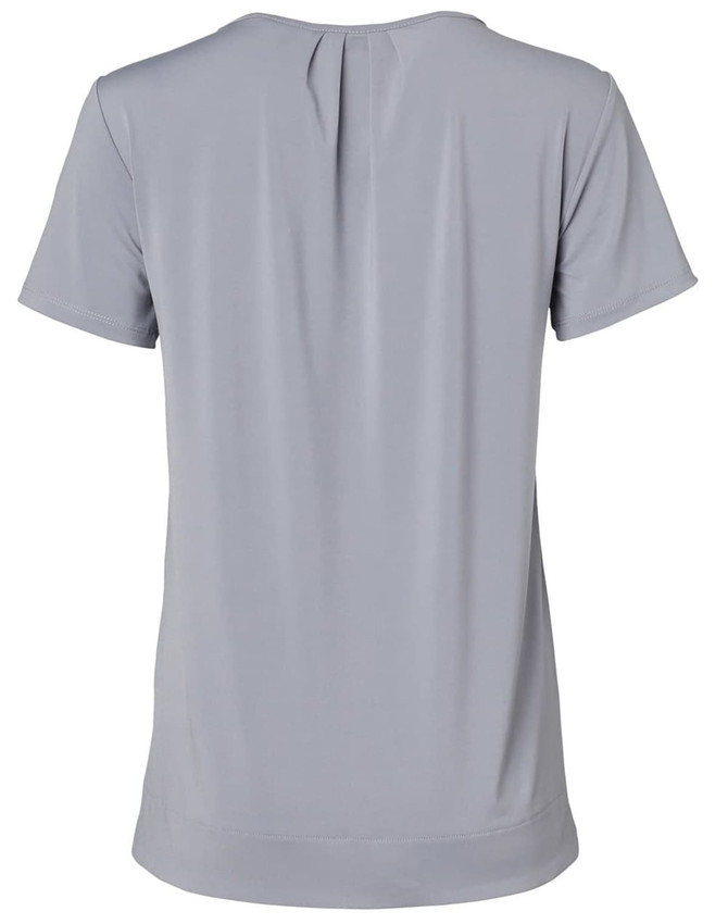 A light grey ladies' round neck short-sleeve knit top featuring pleats at the back. Includes branding.