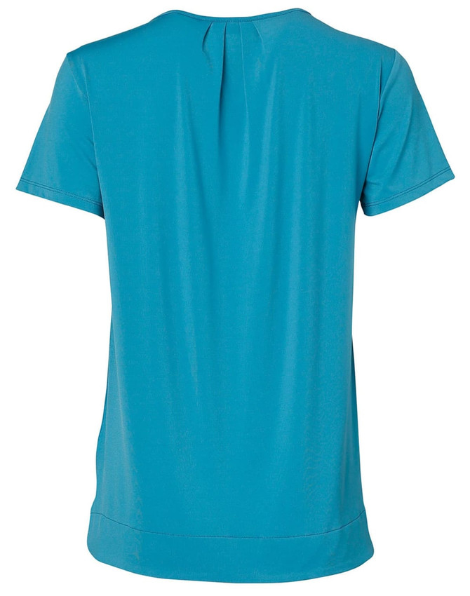 A teal ladies' round neck knit top with pleats at the back, featuring short sleeves and a relaxed fit.