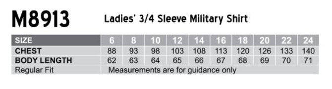 A chart displaying sizes and measurements for a women's 3/4 sleeve military shirt, featuring various sizes.
