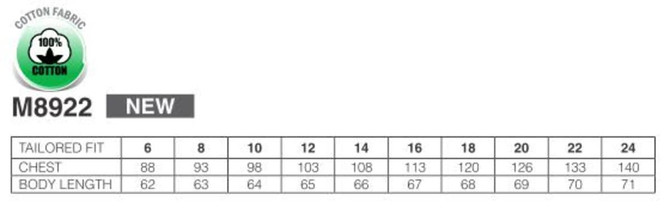 A table detailing sizes for a tailored fit ladies' button-up shirt, showcasing measurements for chest and body length.