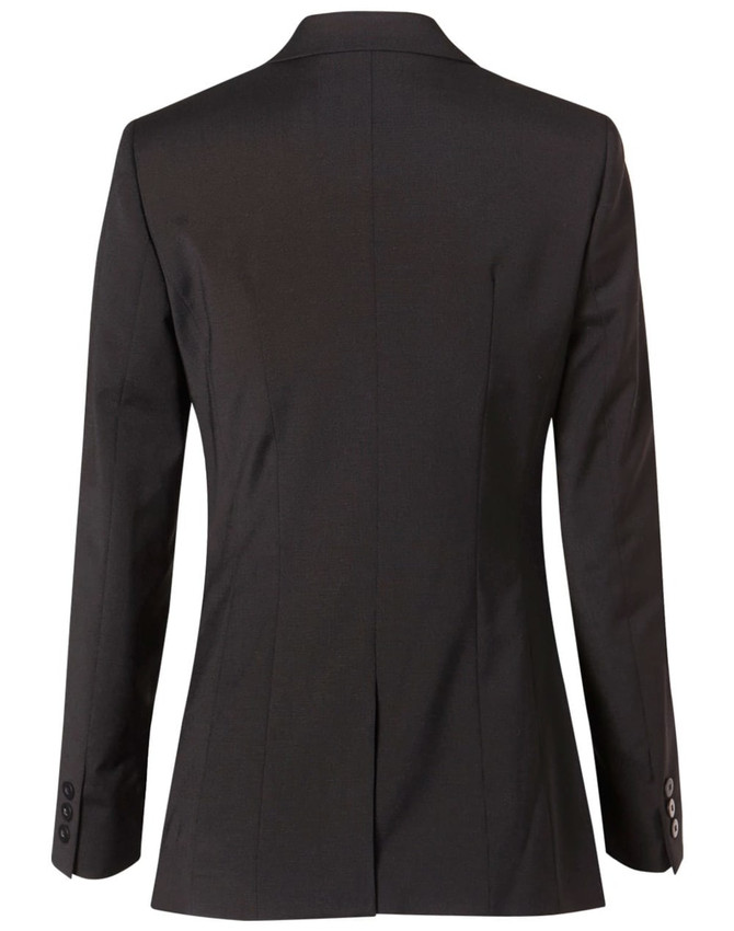 A women's mid-length jacket in black, featuring a tailored fit and a back vent. Includes button details on the sleeves.