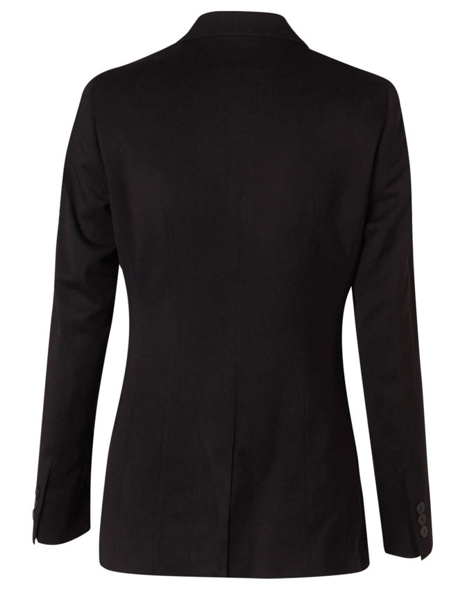 A women's mid-length black jacket with two buttons, featuring a tailored fit and long sleeves.