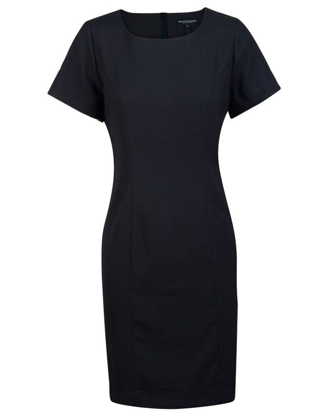 A fitted black short sleeve dress with a square neckline and a zip closure at the back. It features a logo.