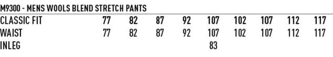 A table displaying measurements for Men's Stretch Wool Blend Pants, including classic fit, waist, and inseam details.