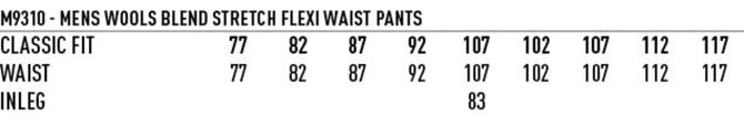 A table displaying size measurements for men's wool blend stretch flexi waist pants, including classic fit, waist, and inseam.