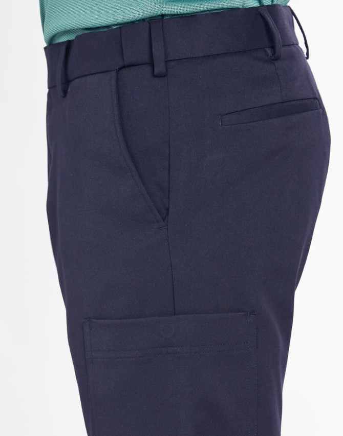 Men's utility cargo pants in navy, featuring multiple pockets and a fitted design, with a logo present.