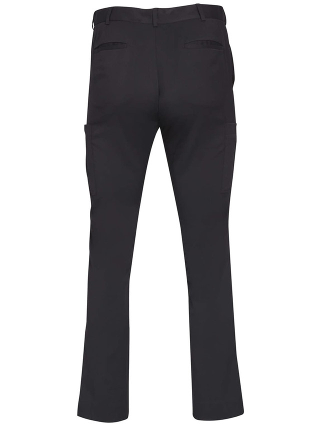 Men's black utility cargo pants featuring multiple pockets and a logo. The back view highlights the streamlined design.