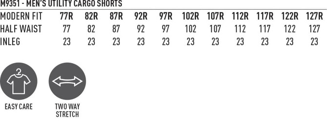 A table displaying sizes for Men's Utility Cargo Shorts, including various measurements and an easy care and two-way stretch icons.