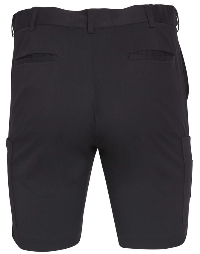 Men's black utility cargo shorts featuring pockets on the sides and back, designed for practicality.