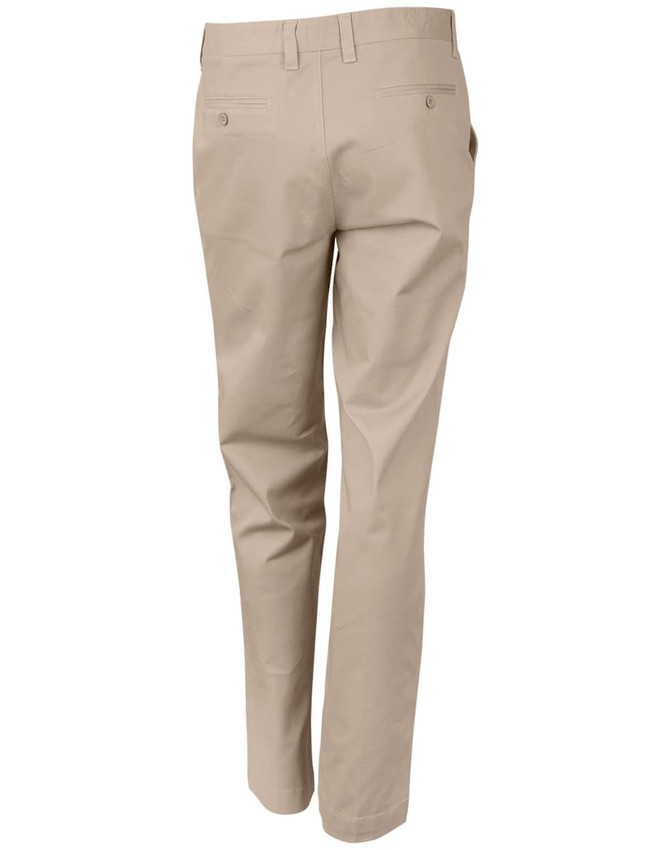 Men's chino pants in beige, featuring a tailored fit and rear pockets, with a logo on the waistband.