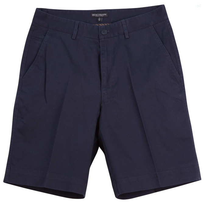 Men's chino shorts in navy blue, featuring a flat front design and pockets, with a logo on the waistband.