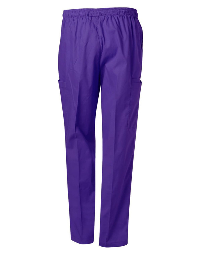 Unisex scrub pants in a vibrant purple shade with an elastic waistband and side pockets.