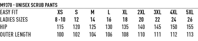 A chart displaying size measurements for unisex scrub pants, including dimensions for hip and outer length in various sizes.