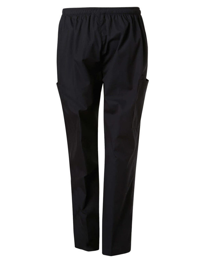 Unisex black scrub pants with an elastic waistband and side pockets, featuring a logo.