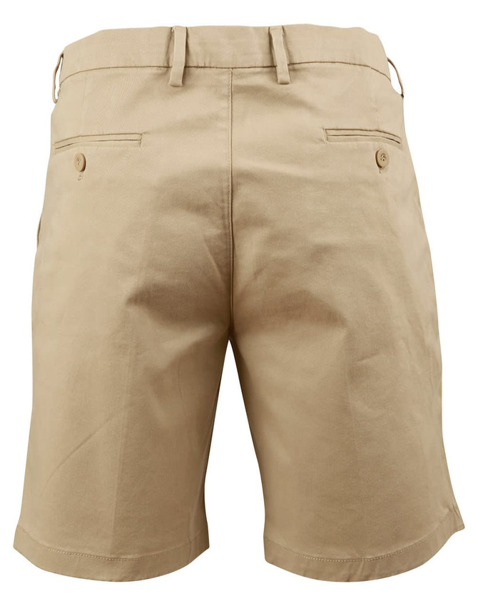 Men's stretch cotton chino shorts in beige, featuring two back pockets and a logo. Suitable for casual wear.