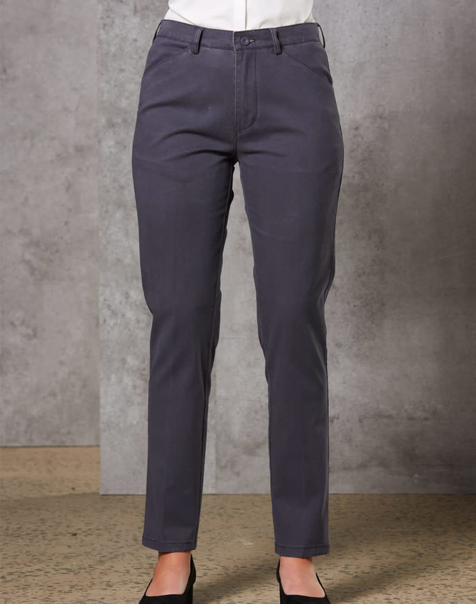 Ladies' Boston Chino Pants in dark grey, featuring a straight leg design and a logo detail on the waistband.