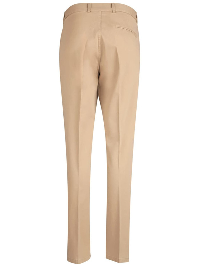 A pair of tan chinos viewed from the back, featuring a fitted design and a single back pocket.