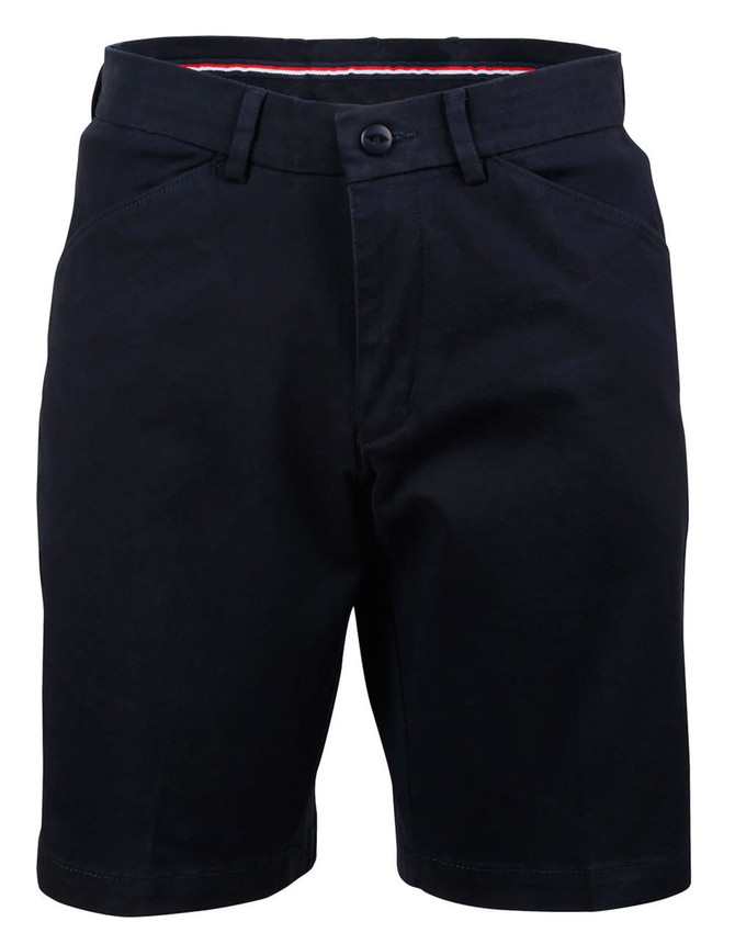 A pair of navy ladies' stretch cotton chino shorts with a button closure and pockets, featuring a branded logo.
