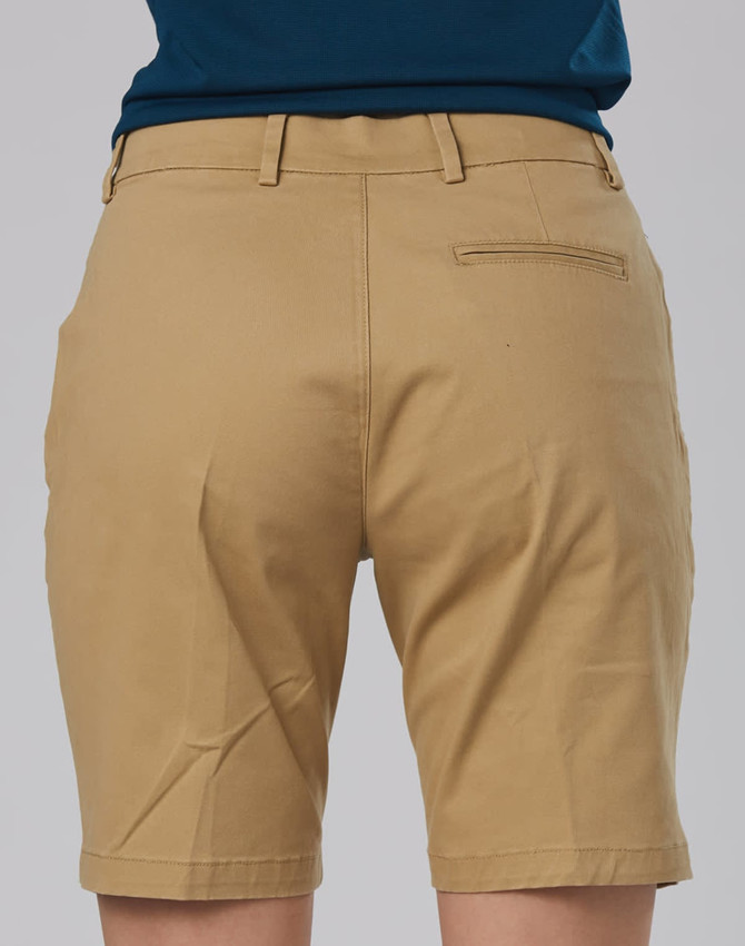 Beige stretch cotton chino shorts with a back pocket and loop detailing, viewed from the back.