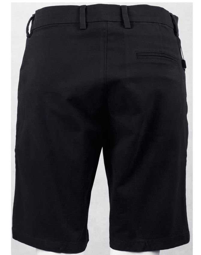 Black stretch cotton chino shorts featuring a back pocket and a waistband with belt loops.